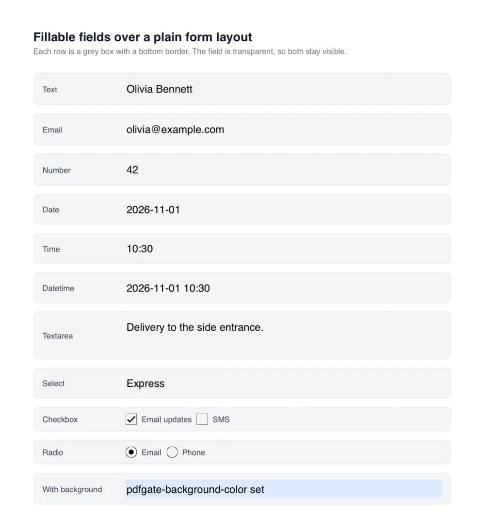 Fillable PDF fields over grey form rows, showing the row background through each field