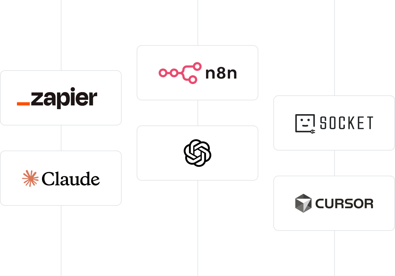 Logos of Zapier, n8n, Claude, OpenAI, Socket, and Cursor