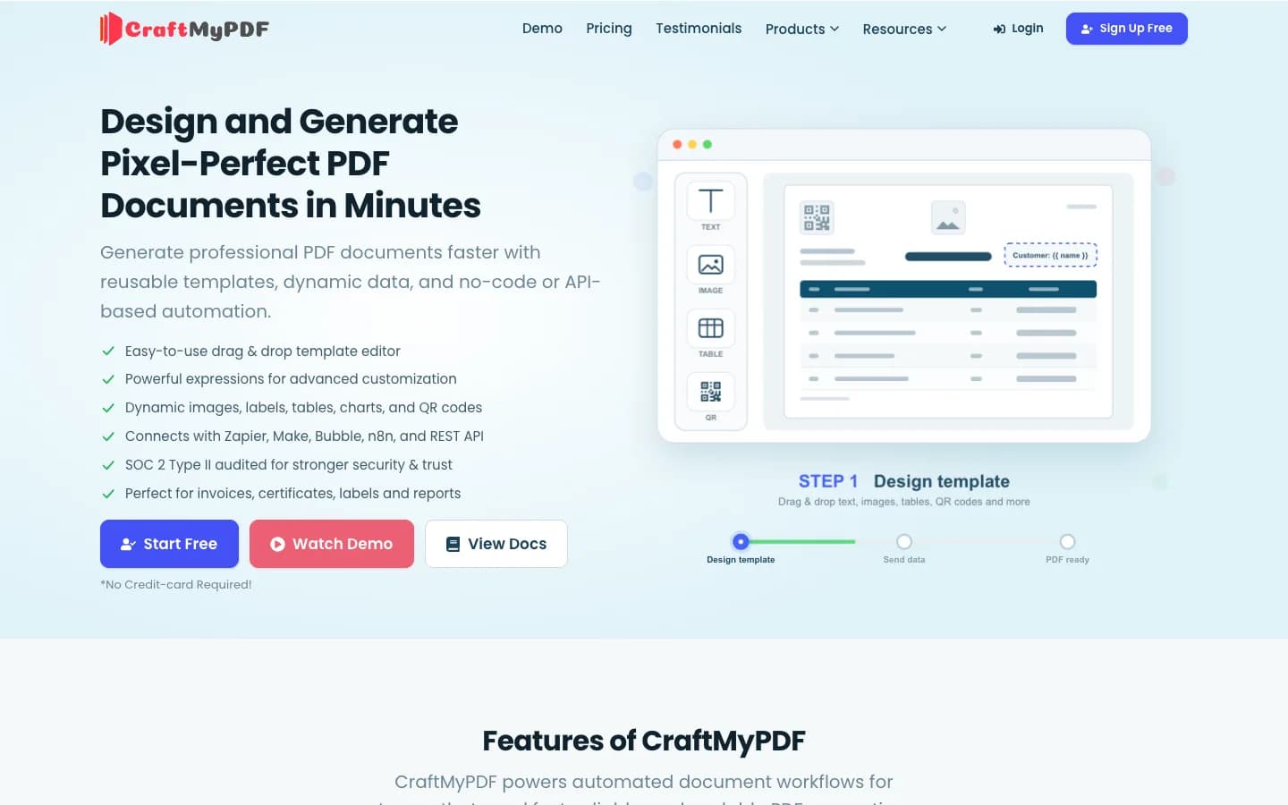 CraftMyPDF website homepage