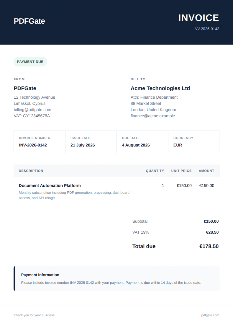 PDF invoice generated by PDFGate from the HTML template