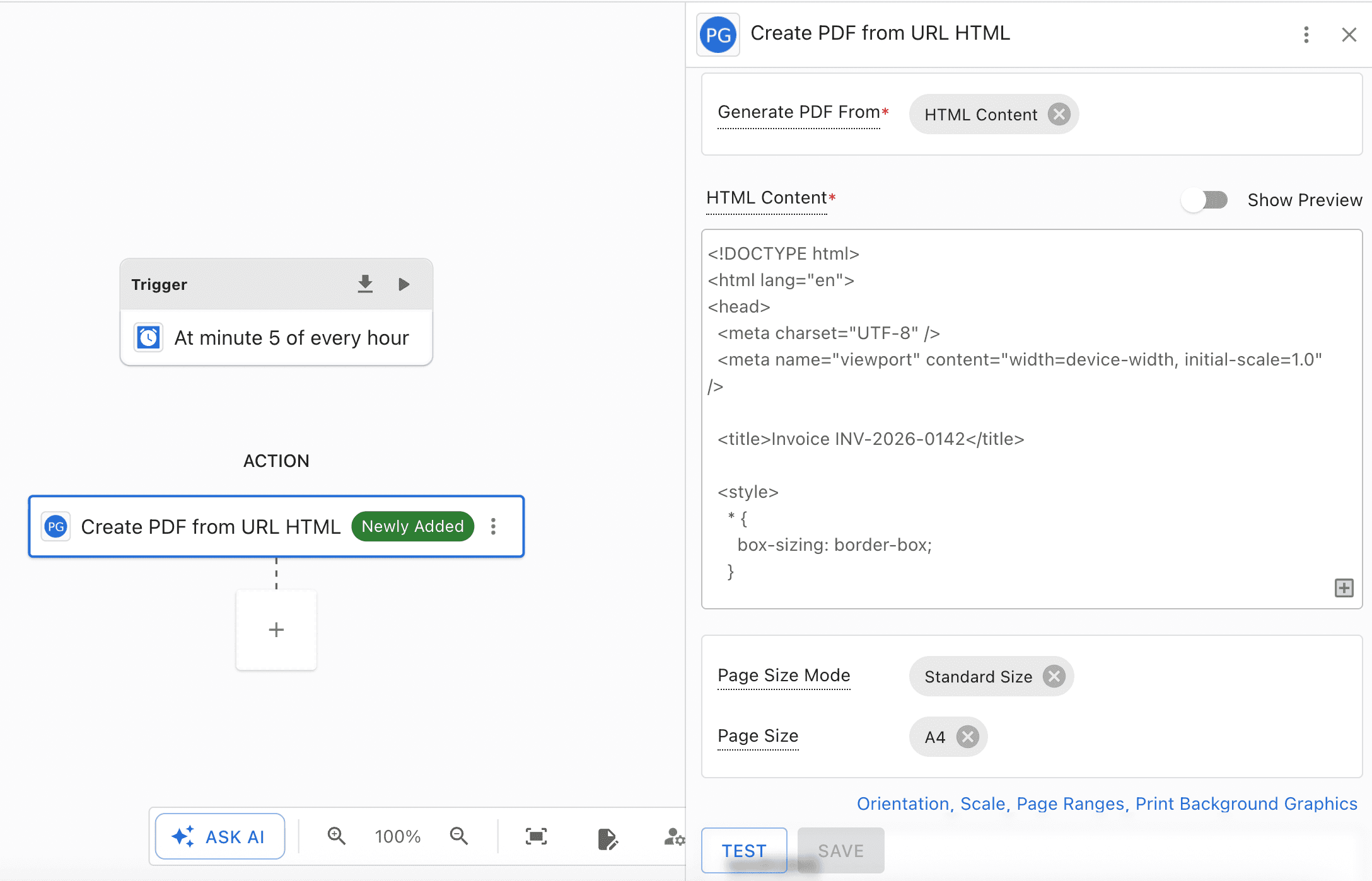 viaSocket workflow configured with the Create PDF from URL HTML action