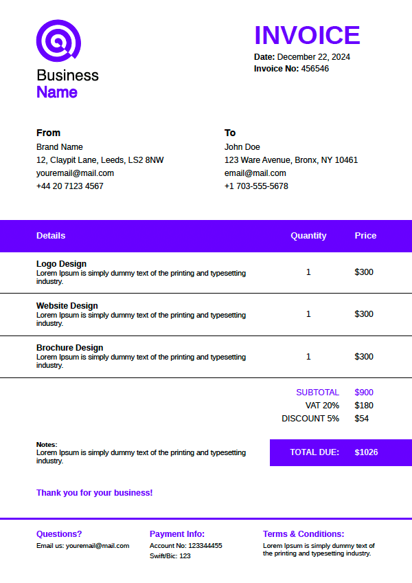 Invoice template — Modern layout with highlighted totals