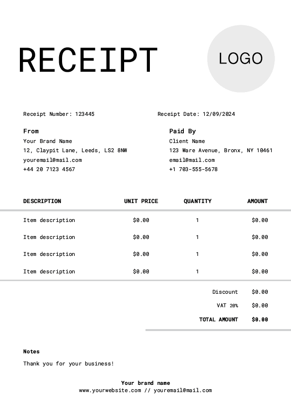 Receipt template — compact summary with payment details